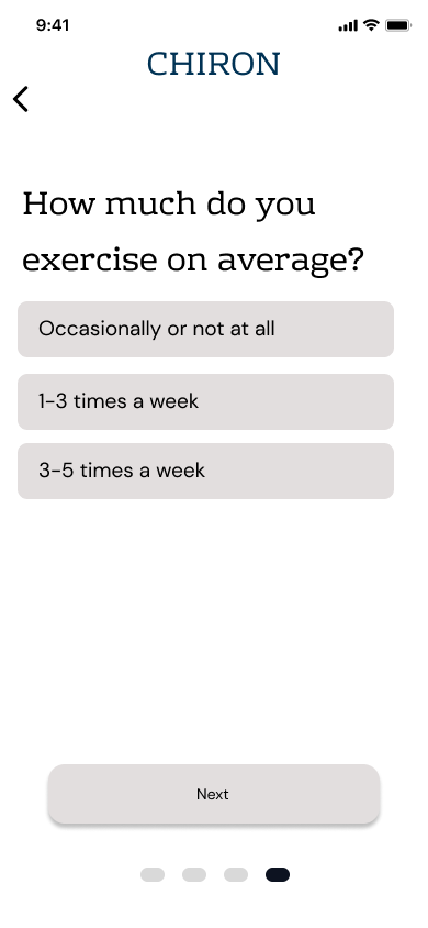 Chiron lo-fi survey screen asking how much the user exercises on average, with placeholder frequency rows