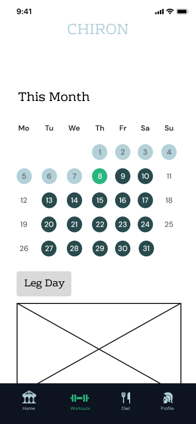Chiron lo-fi workout calendar screen showing This Month with several days marked, a Leg Day label, and a placeholder image below