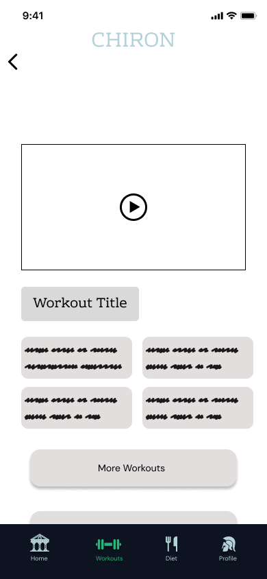 Chiron lo-fi workout detail screen with a placeholder video player, a Workout Title placeholder, four placeholder spec blocks, and a More Workouts button