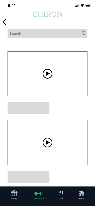 Chiron lo-fi workout search results screen with two video thumbnail placeholders and placeholder labels beneath each