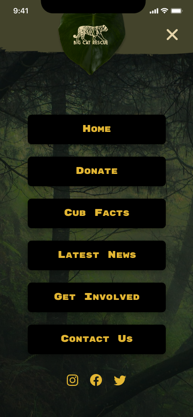 Mobile navigation menu open over a dimmed forest background, listing Home, Donate, Cub Facts, Latest News, Get Involved, and Contact Us, with social icons at the bottom