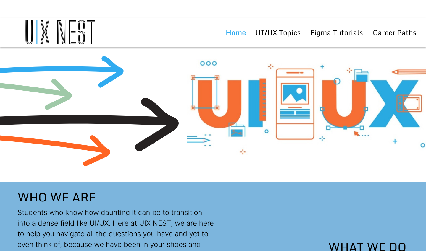 UI/UX Nest homepage showing the UIX Nest logo, a hero graphic with colorful directional arrows and the letters UI/UX, and a blue Who We Are section below