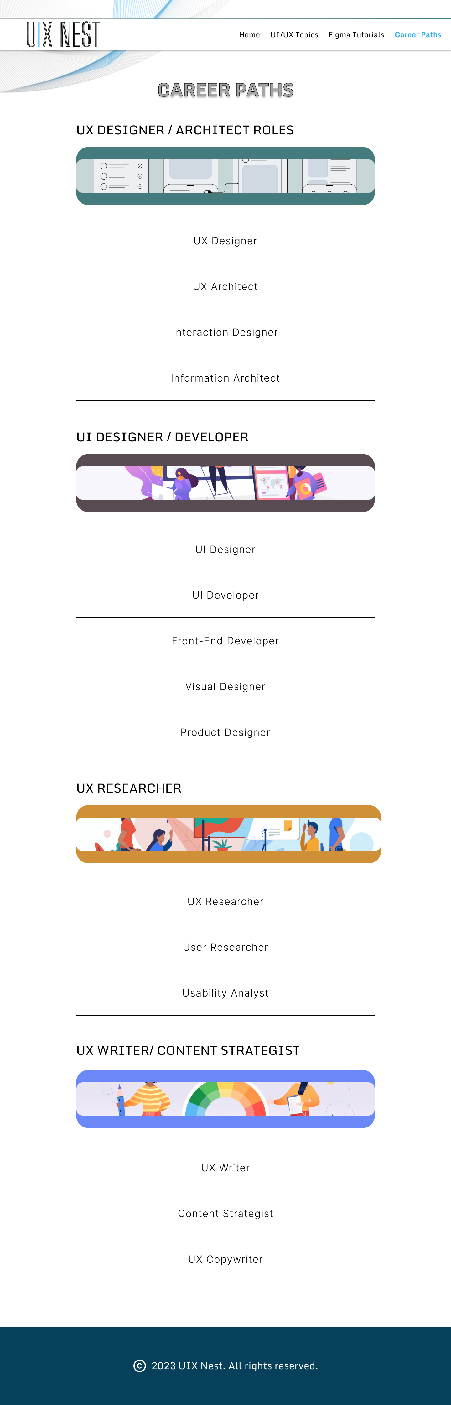 Hi-fi Career Paths overview page, grouping roles into UX Designer/Architect, UI Designer/Developer, UX Researcher, and UX Writer/Content Strategist tracks