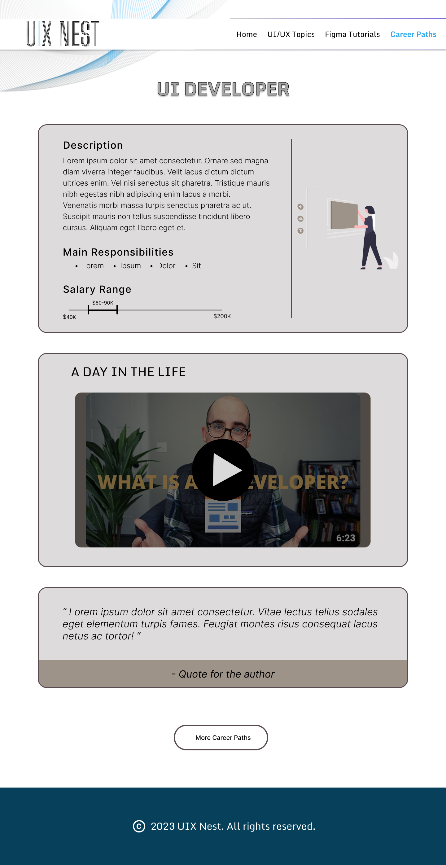 Hi-fi UI Developer career page, matching the UX Designer layout with its own day-in-the-life video and salary range