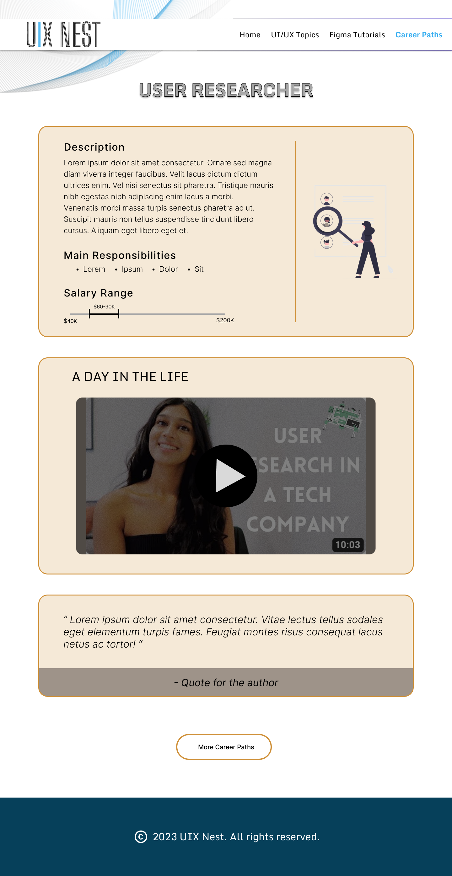 Hi-fi User Researcher career page, following the same layout with its own day-in-the-life video and salary range