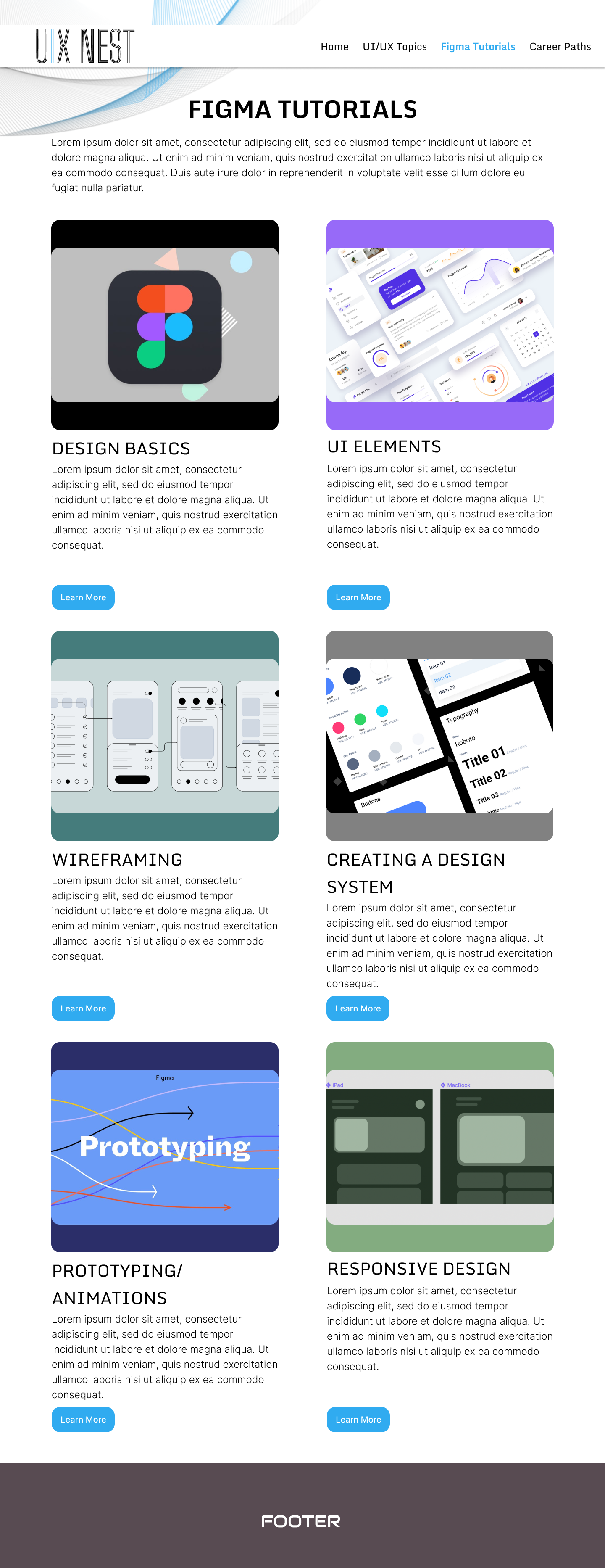 UI/UX Nest Figma Tutorials overview page, a six-card grid covering Design Basics, UI Elements, Wireframing, Creating a Design System, Prototyping/Animations, and Responsive Design, each with a thumbnail, summary, and Learn More button