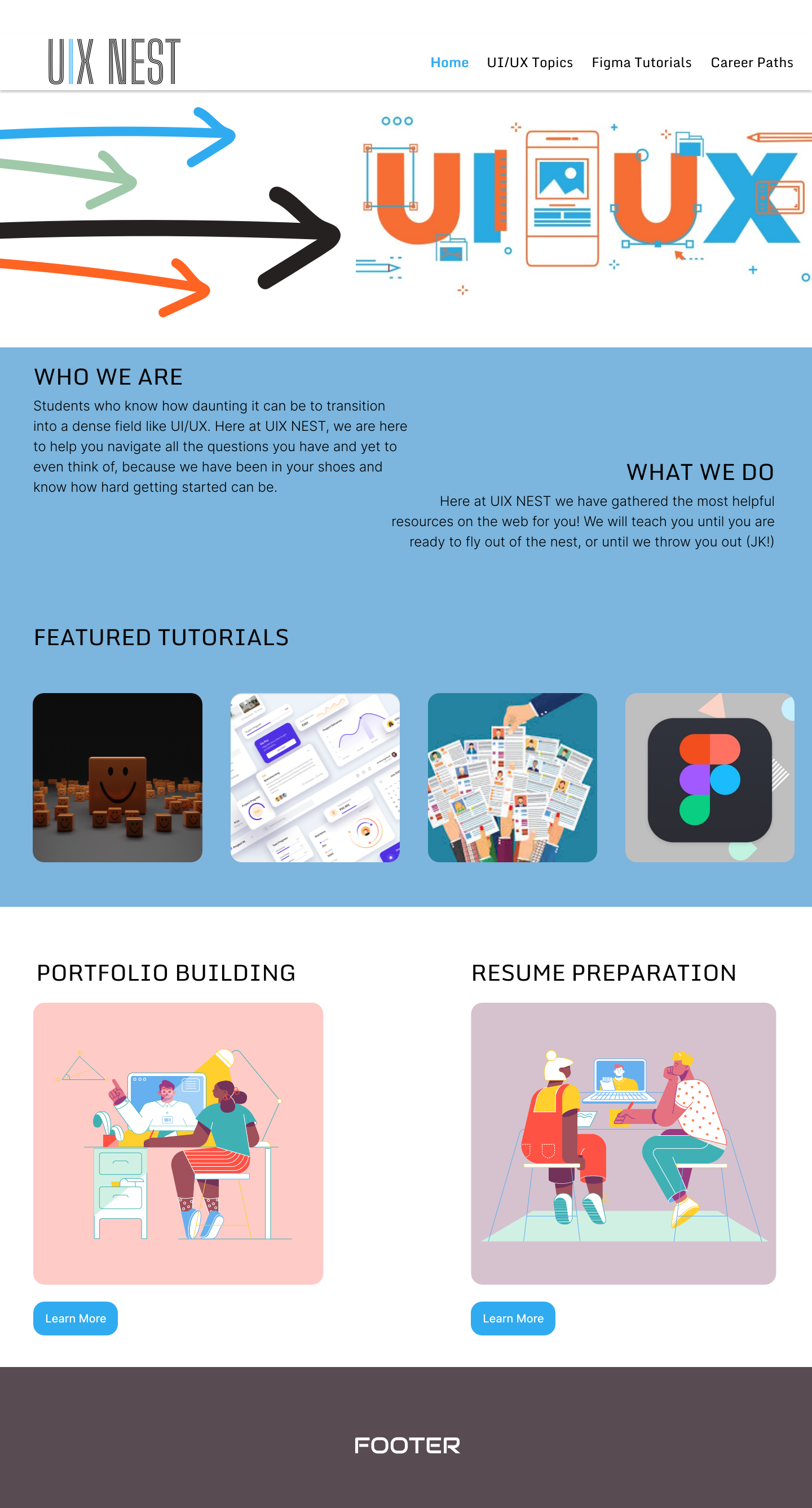 UI/UX Nest homepage, showing the Who We Are and What We Do intro, featured tutorial thumbnails, and Portfolio Building and Resume Preparation callout cards