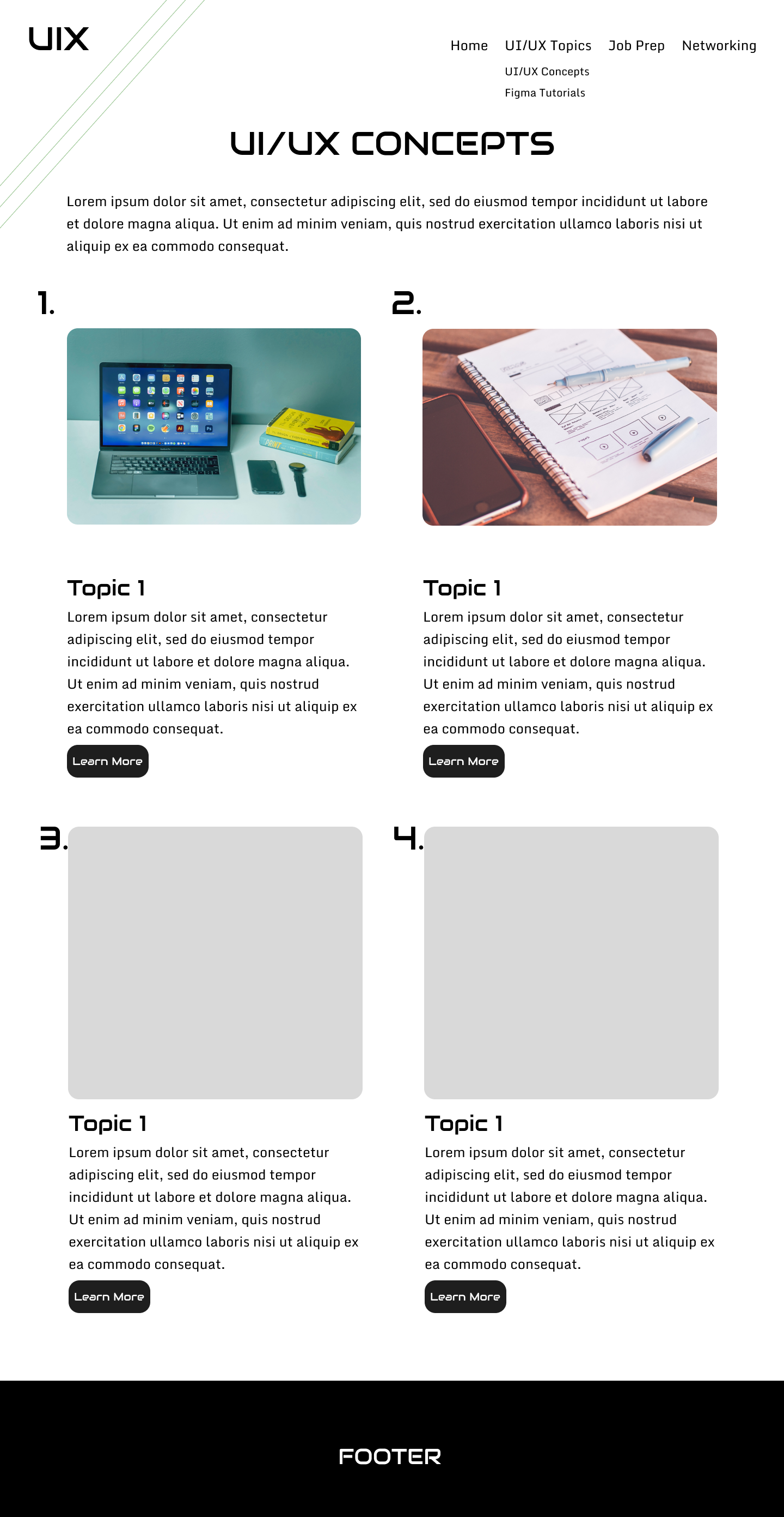 Lo-fi wireframe of the UI/UX Concepts overview page, the same four-card grid pattern with early photo placeholders mixed in among the gray boxes