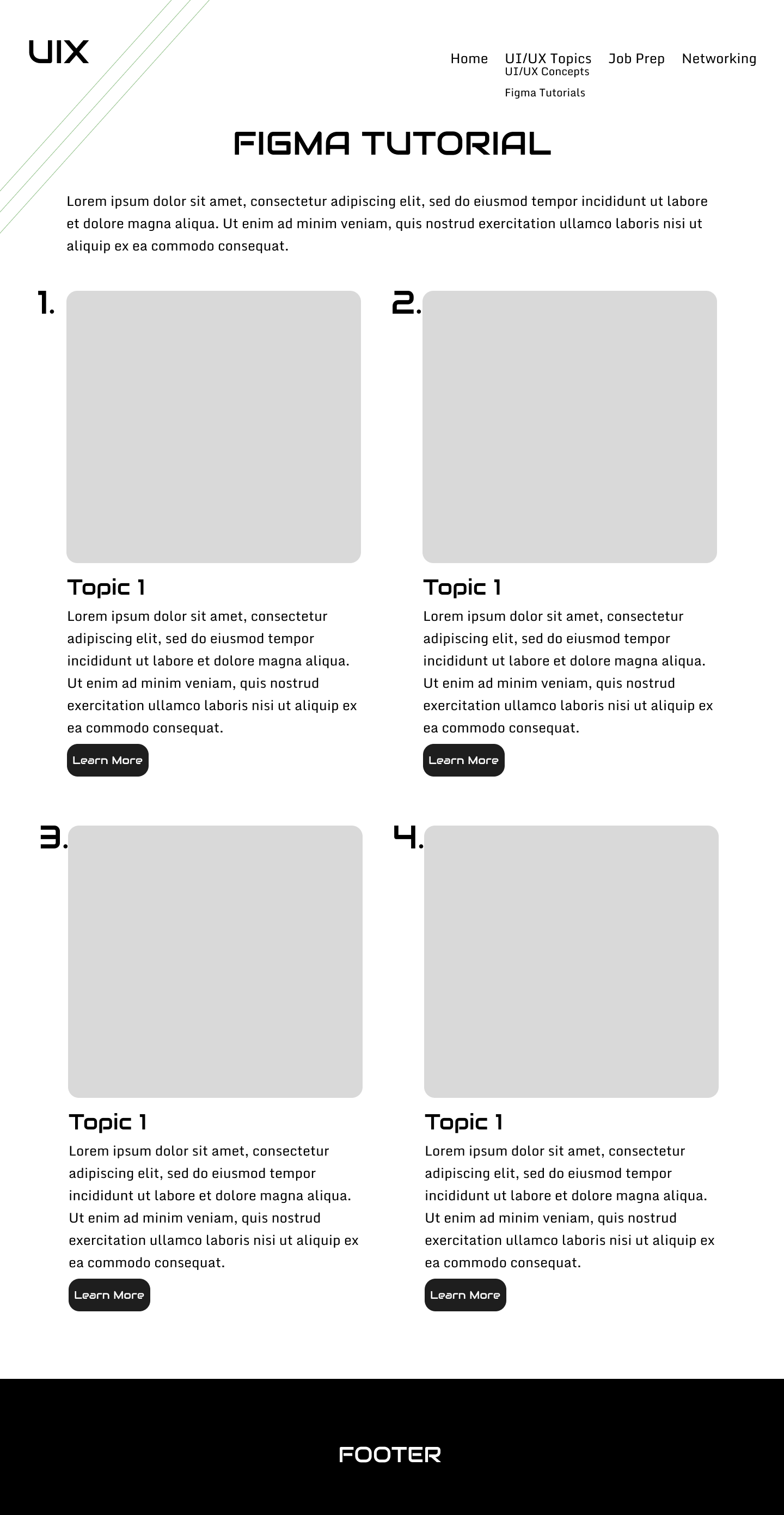 Lo-fi wireframe of the Figma Tutorials overview page, a four-card grid of gray placeholder thumbnails labeled Topic 1 with Learn More buttons