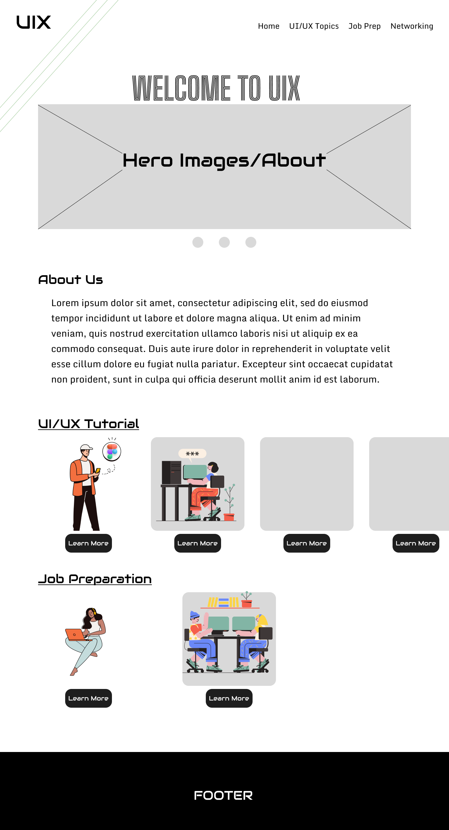 Lo-fi wireframe of the UI/UX Nest homepage, with placeholder hero art, an About Us block, and gray placeholder cards under UI/UX Tutorial and Job Preparation headings